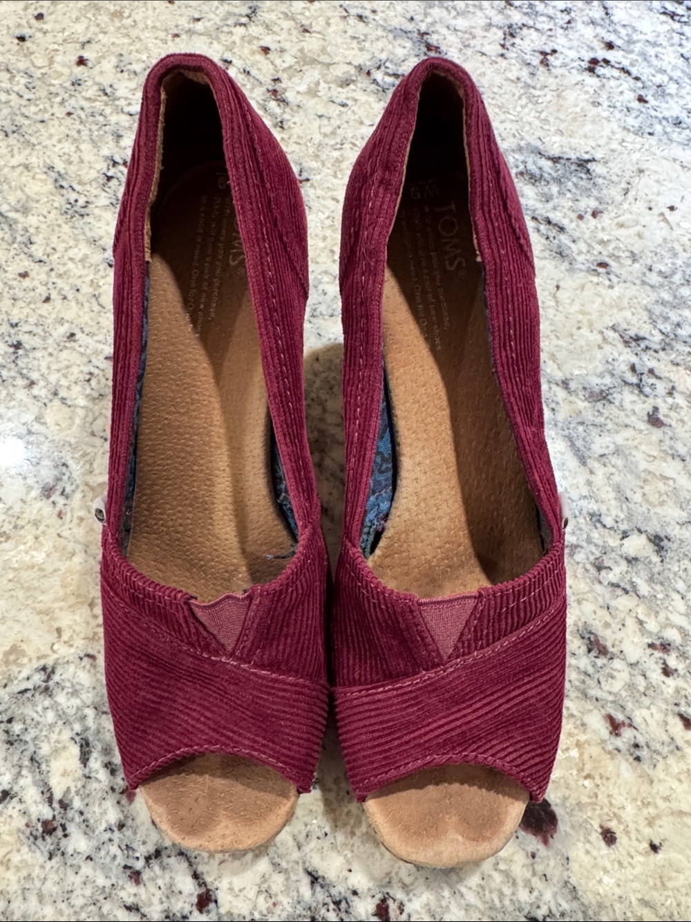 TOMS Women's Burgundy Corduroy Peep-Toe Wedge Heels